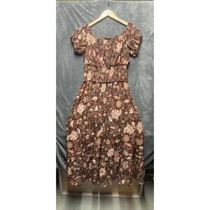 Trixxi Floral Milkmaid Smocked Tiered Peasant Midi Dress Sz XL Brown Cottagecore